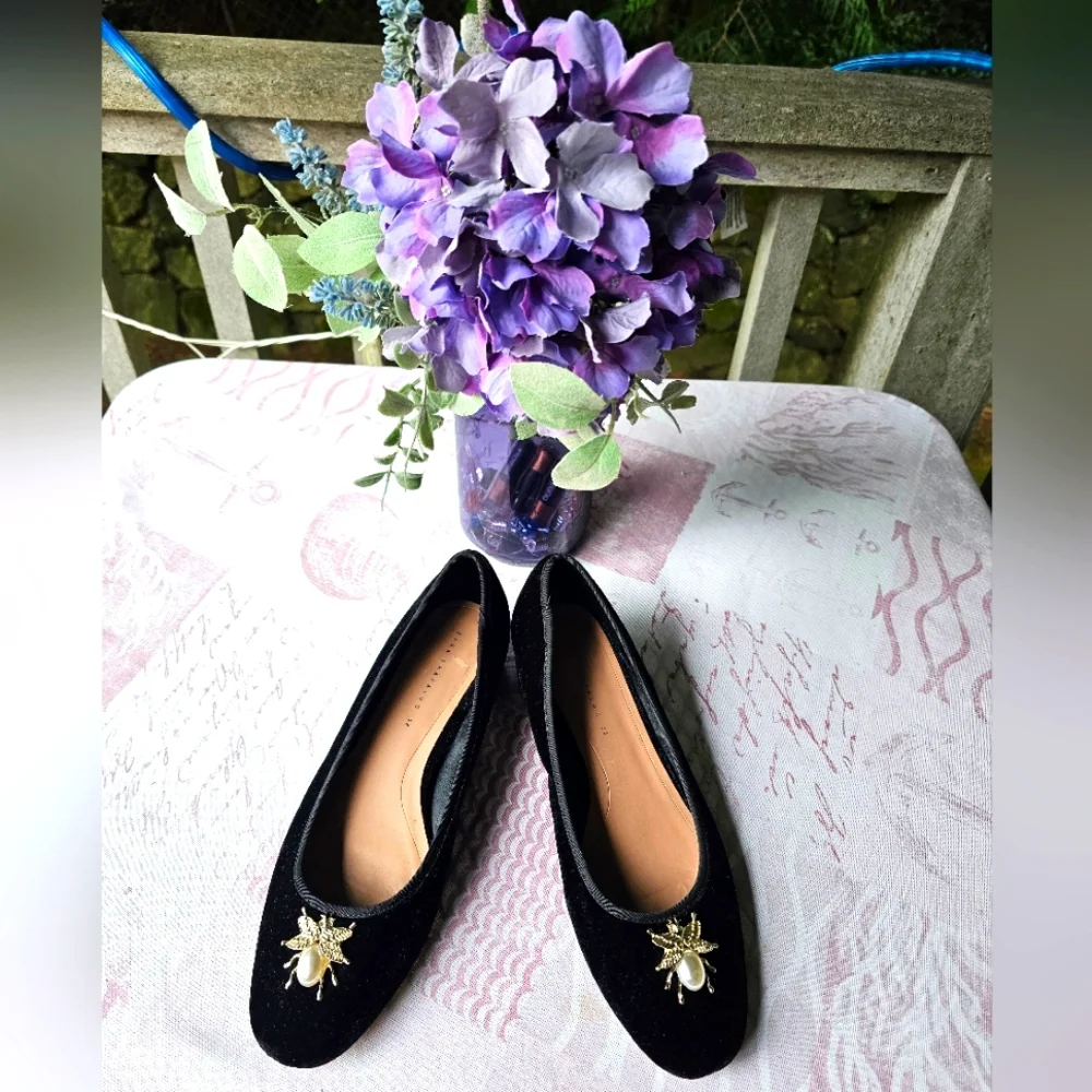 Zara Beetle Embelished Velvet Faux Pearl Ballet Flats in Black